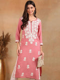 KALINI Floral Embroidered Notch Neck Chikankari Straight Kurta