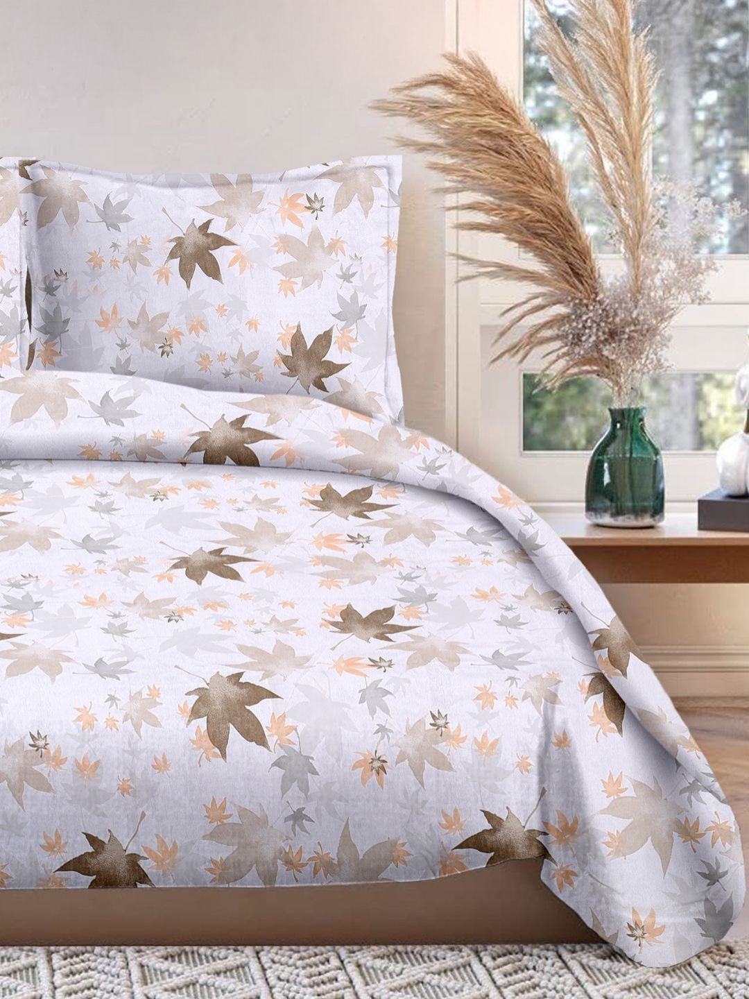 Cortina Glazed Cotton Cream Floral 140 TC King Bedsheet with 2 Pillow Covers