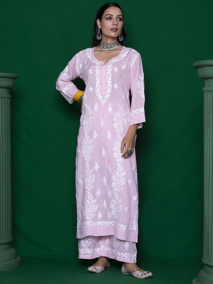 House of Chikankari Women Pink Modal Chikankari Embroidered Kurta Set