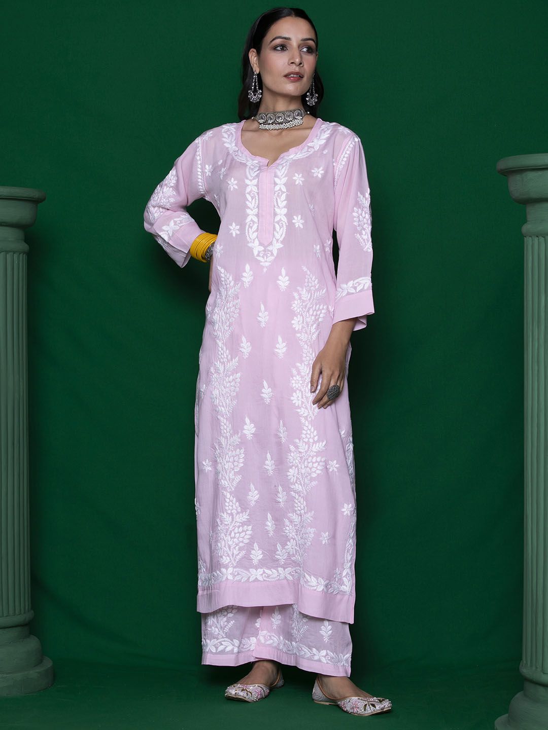 House of Chikankari Women Pink Modal Chikankari Embroidered Kurta Set