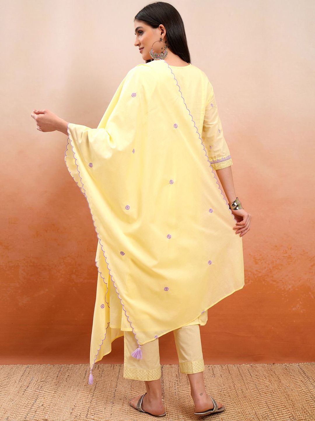 Vishudh Yellow Embroidered Thread Work Pure Cotton A-Line Kurta With Trousers & Dupatta