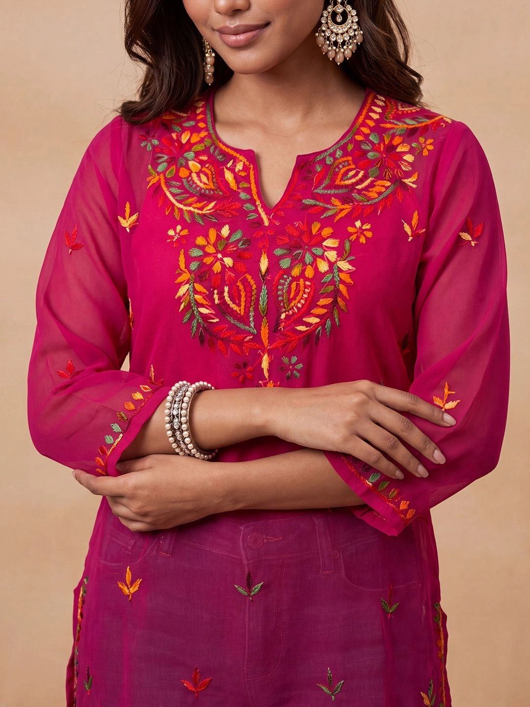 Rumah Wanita Chikankari Kerja Benang Sulam Georgette Kurta