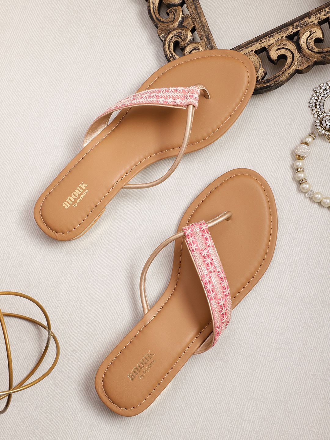 Anouk Women Floral Embroidered T-Strap Flats