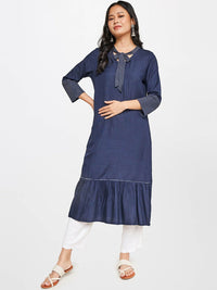 Global Desi Tie-Up Neck Thread Work Tiered A-Line Denim Kurta