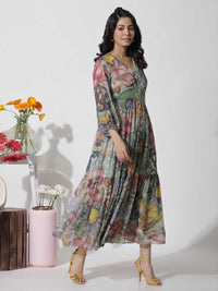 W Floral Print V-Neck Bell Sleeves A-Line Maxi Dress