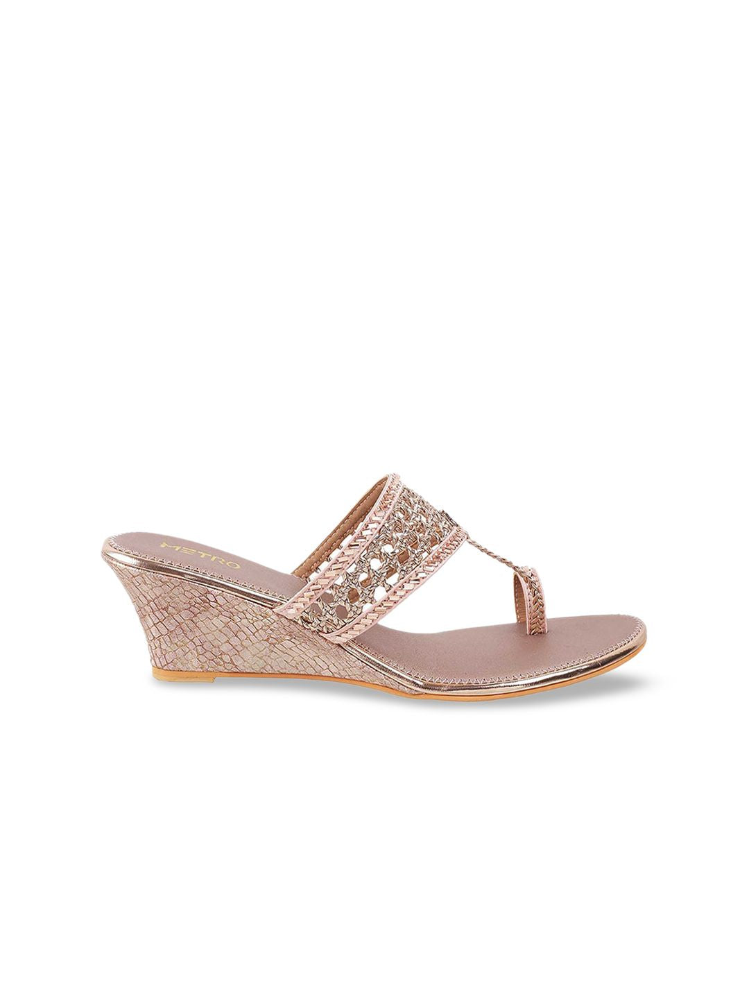 Metro Gold-Toned & Pink Embellished Wedge Sandals