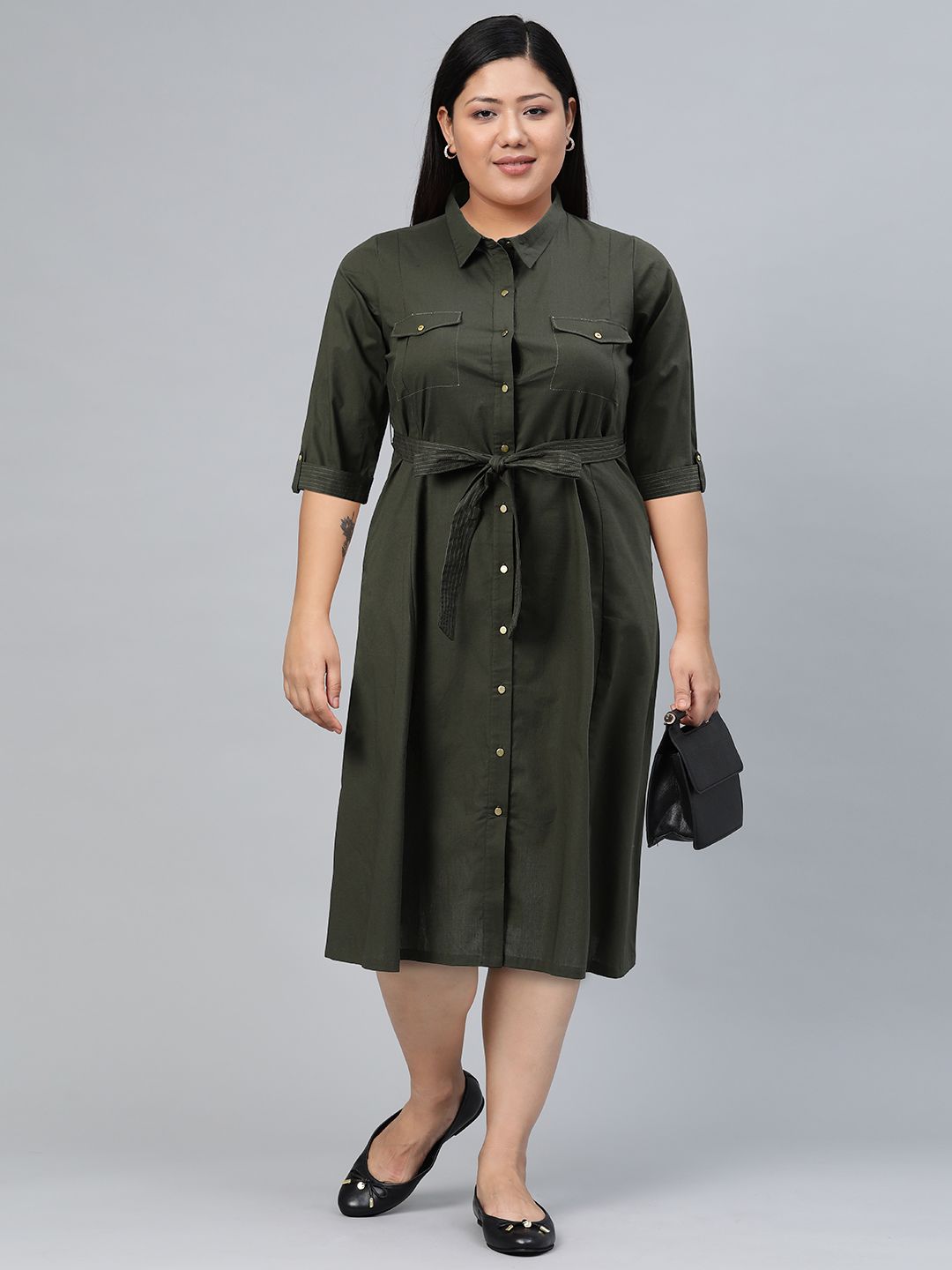 W Rool-Up Sleeves Pure Cotton Shirt Midi Dress