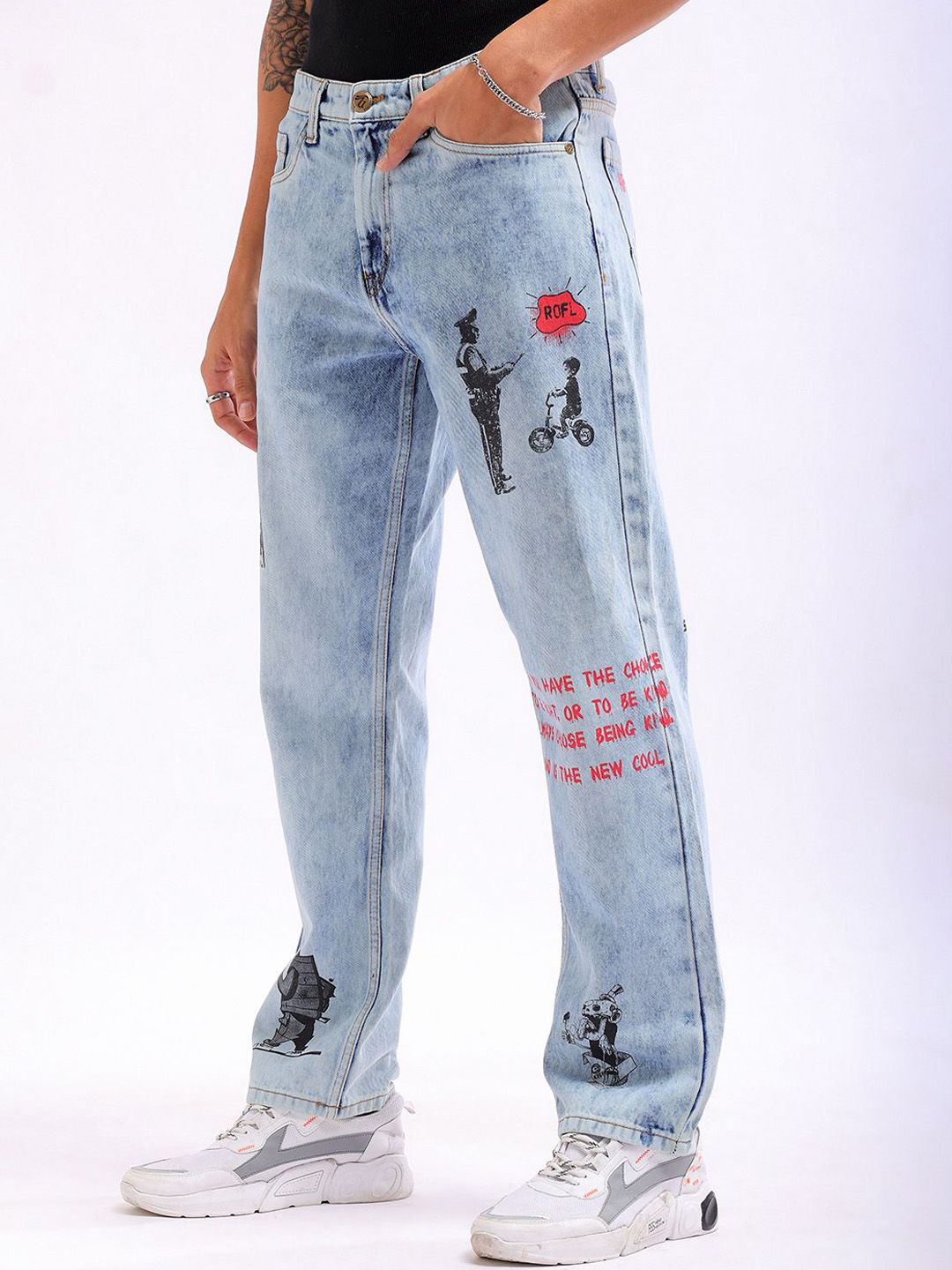 The Indian Garage Co Men Straight Fit Printed Clean Look Heavy Fade Pure Cotton Jeans
