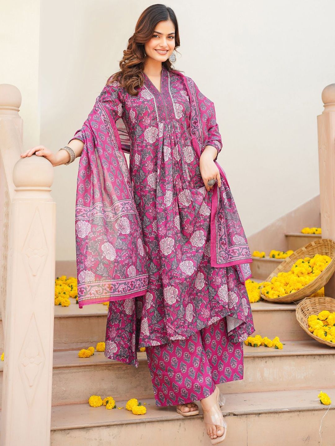 KALINI Women Floral Printed Pleated Kurta with Palazzos & With Dupatta