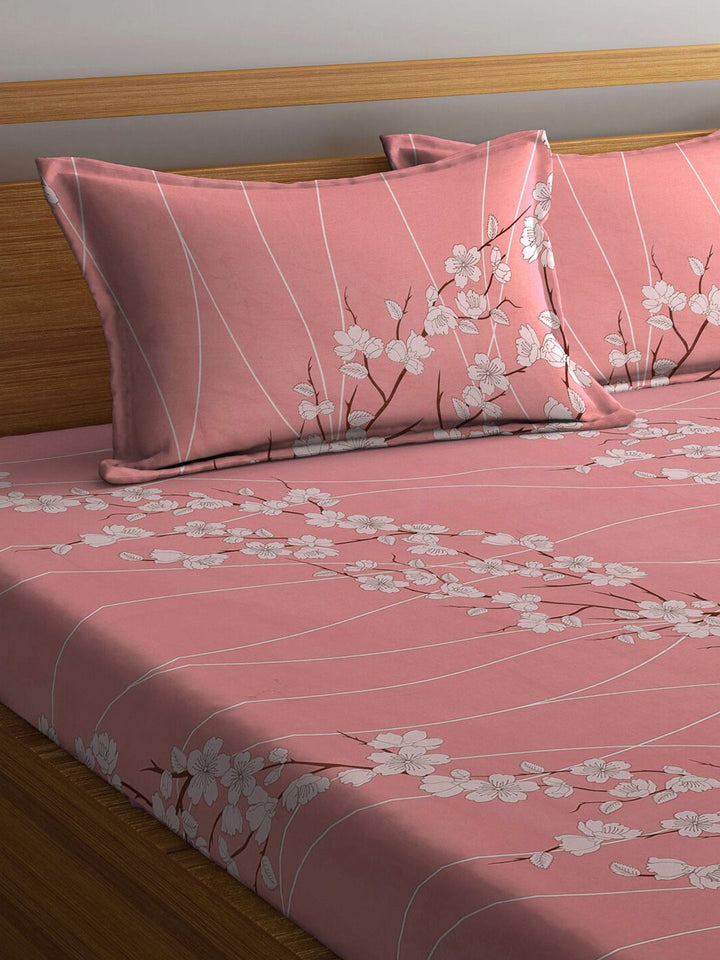 KLOTTHE Pink & White Floral-Printed 130 GSM Pure-Cotton Fitted Double King Bedsheet Set