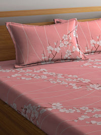 KLOTTHE Pink & White Floral-Printed 130 GSM Pure-Cotton Fitted Double King Bedsheet Set