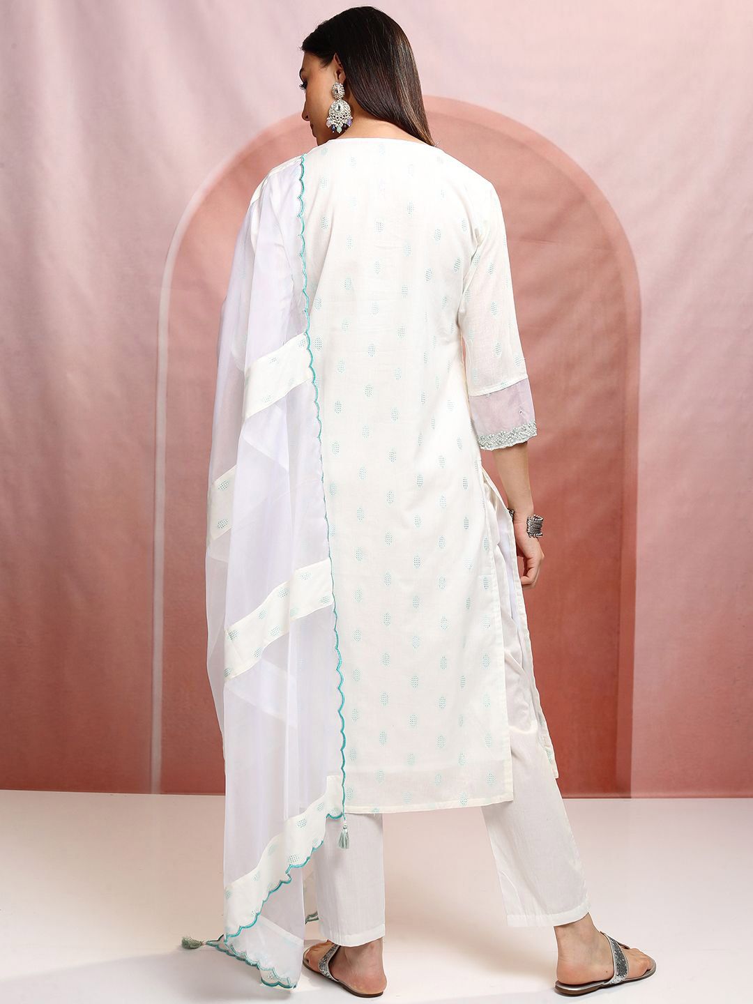 Vishudh White Ethnic Motifs Printed Pure Cotton Straight Kurta & Trousers With Dupatta