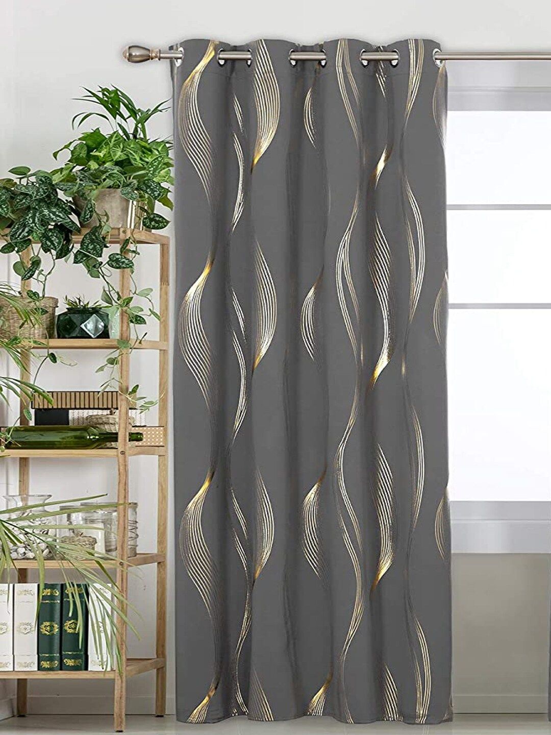 URBAN SPACE Gold Foil Grey & Gold-Toned Printed Black Out Door Curtain