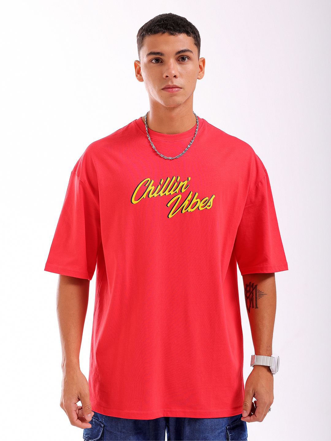 The Indian Garage Co Men Back Printed Pure Cotton Oversized Round Neck T-shirt