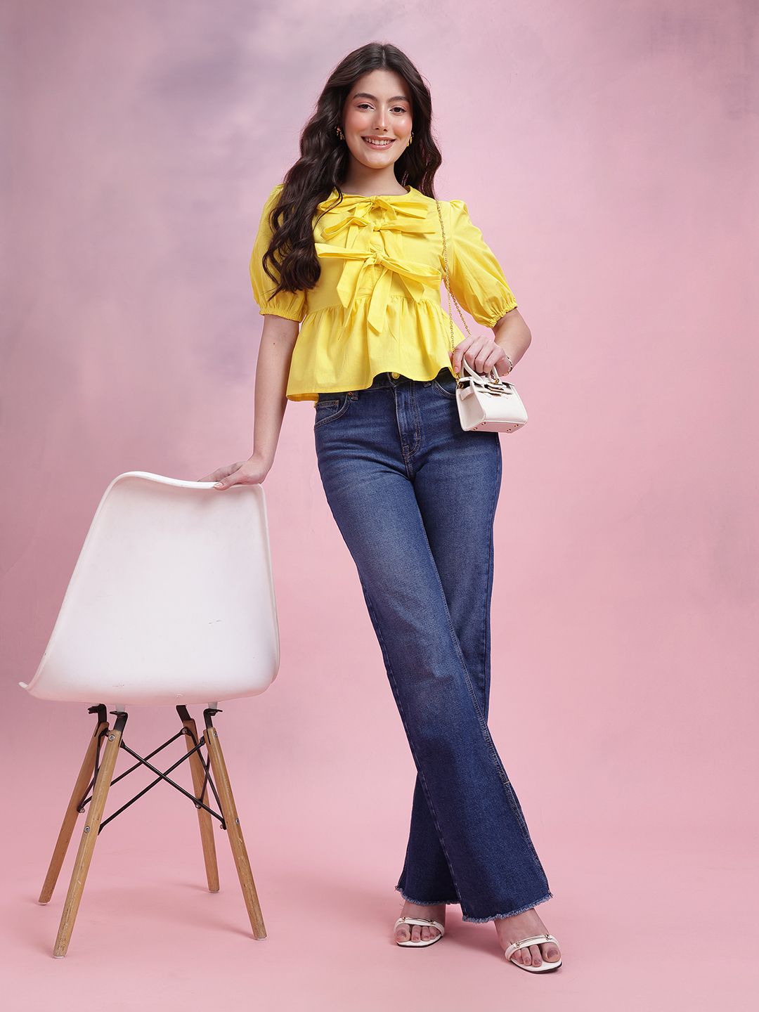 DressBerry Tie-Up Neck Puff Sleeve Pure Cotton A-Line Top