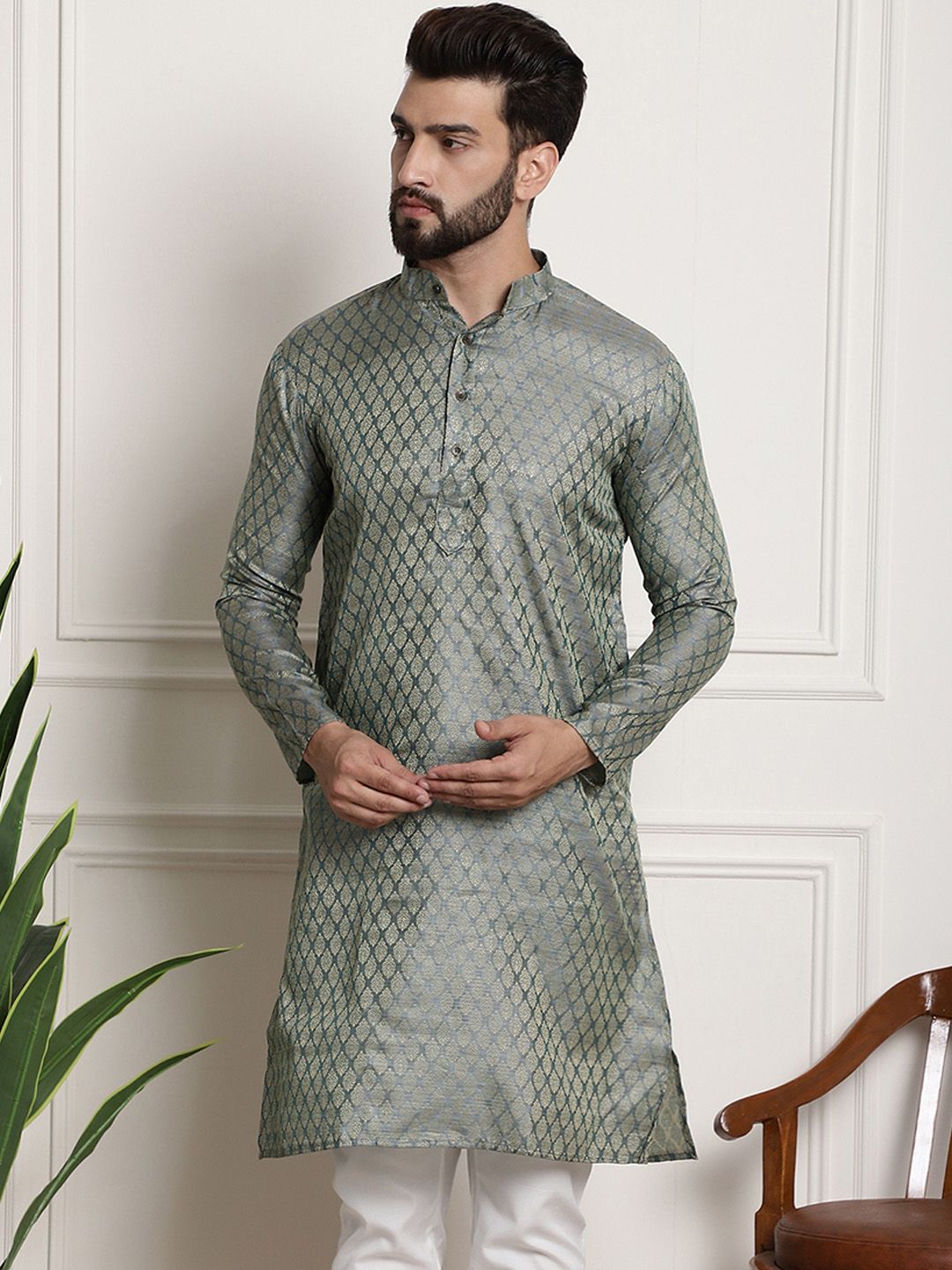 SOJANYA Lelaki Tenunan Design Jacquard Straight Kurta
