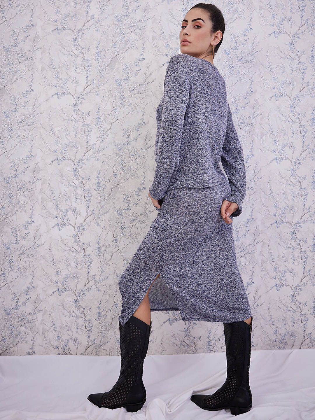 Athena Blue Self Design Top & Skirt