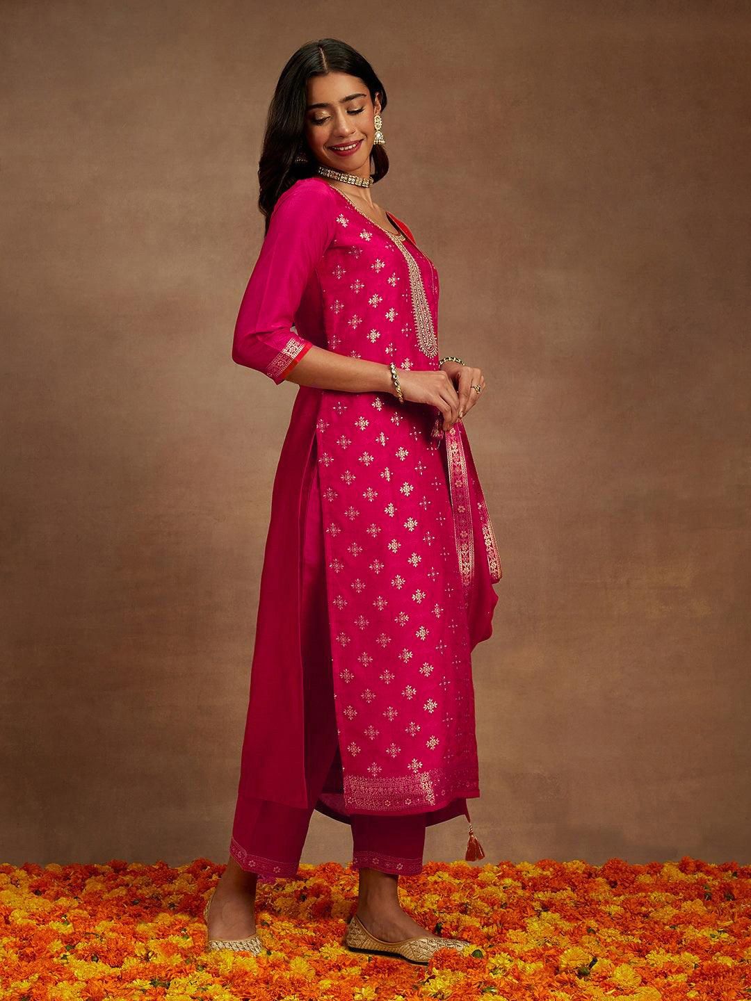 Libas Floral Woven Design Beads & Stones Kurta with Trousers & Dupatta