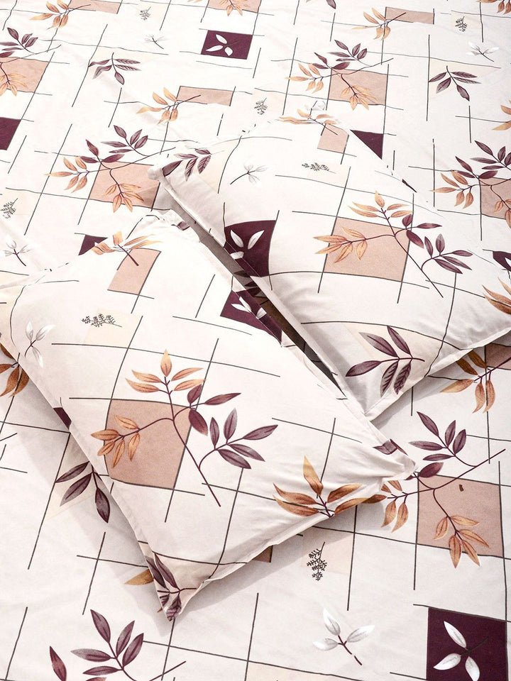 KLOTTHE Cream Color & Green Printed 300 TC Double Bedsheet & 2 Pillow Covers-2.5 m x 2.25m
