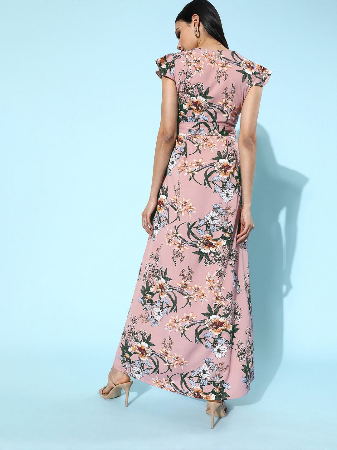 Berrylush Pink Floral Print Wrap Style Maxi Dress