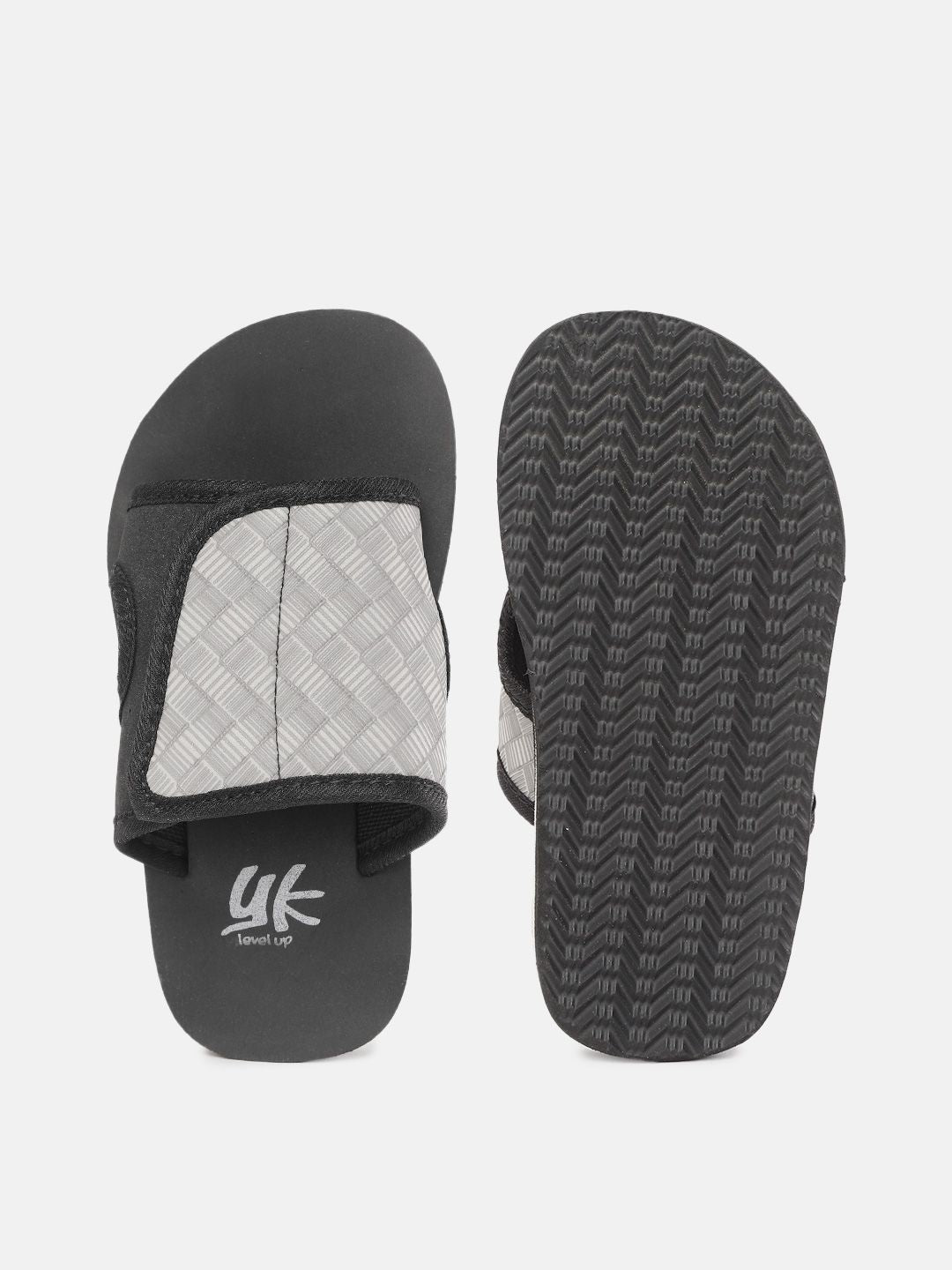 YK Boys Grey & Black Self-Design Velcro Sliders