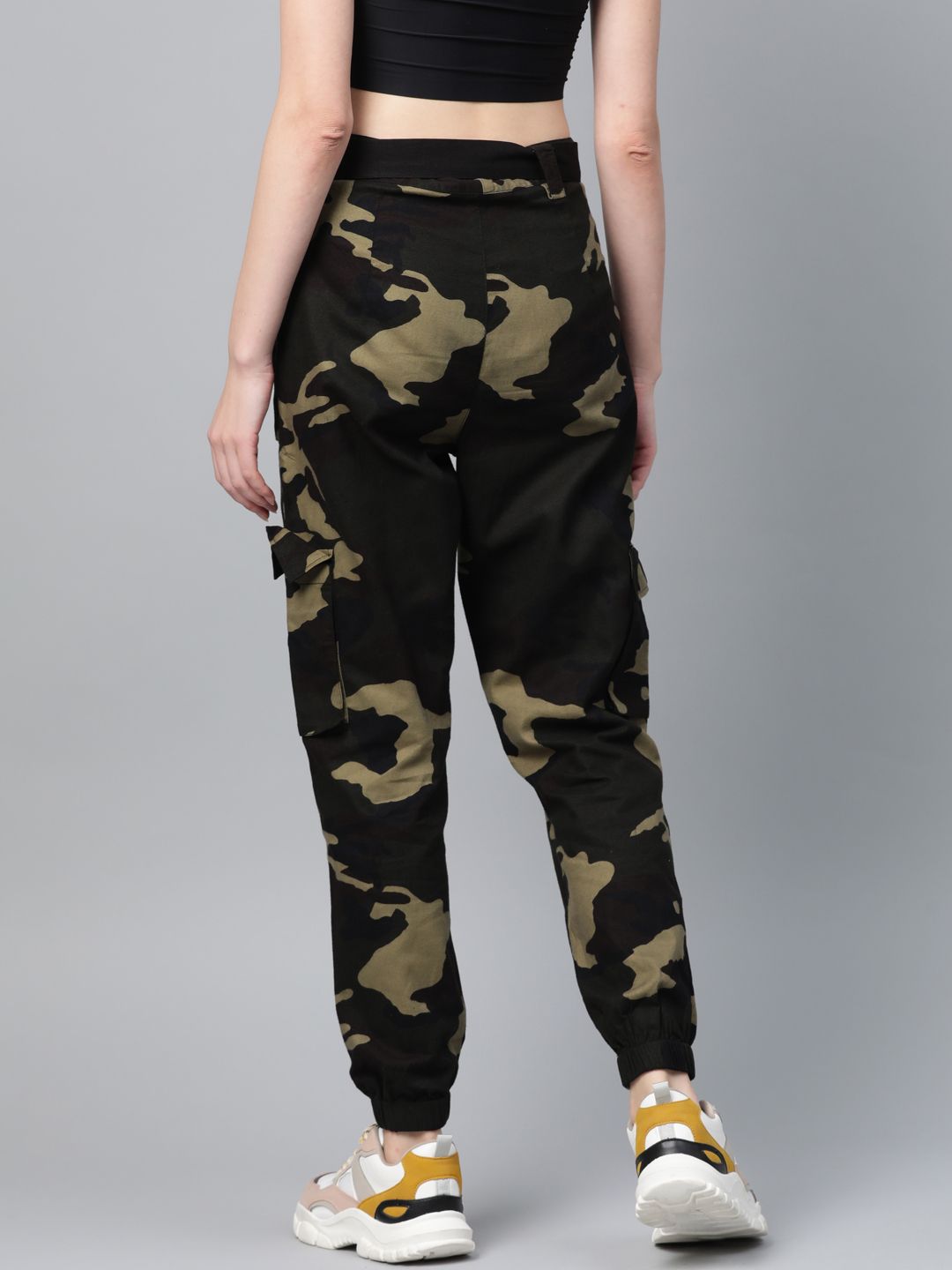 STREET 9 Women Olive Green & Brown Camouflage Print Cargos