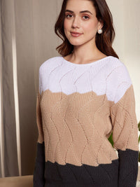 Berrylush White & Brown Colourblocked Tound Neck Acrylic Pullover Sweater