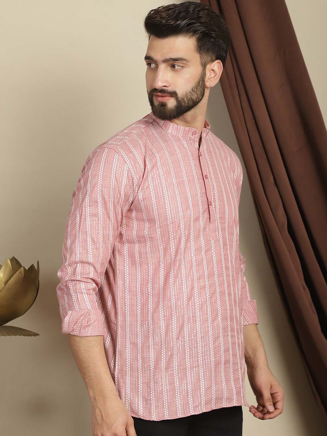 Anouk Striped Mandarin Collar Long Sleeves Thread Work Cotton Short Kurta