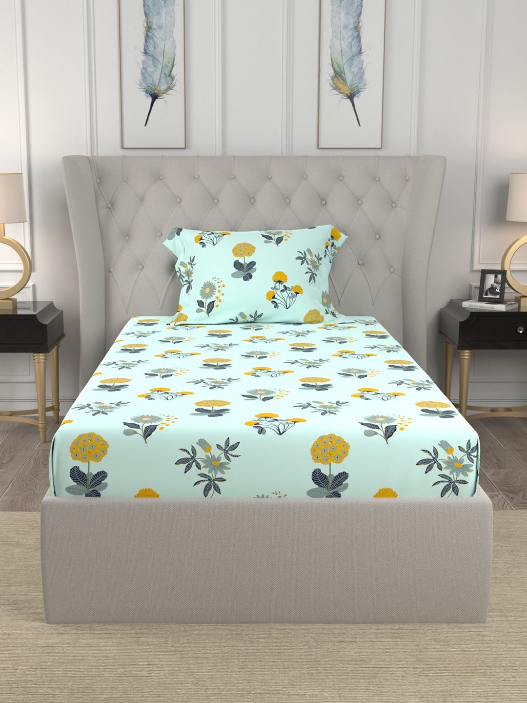 URBAN SPACE Radiance Sky Blue 200 TC Floral Single Bedsheet