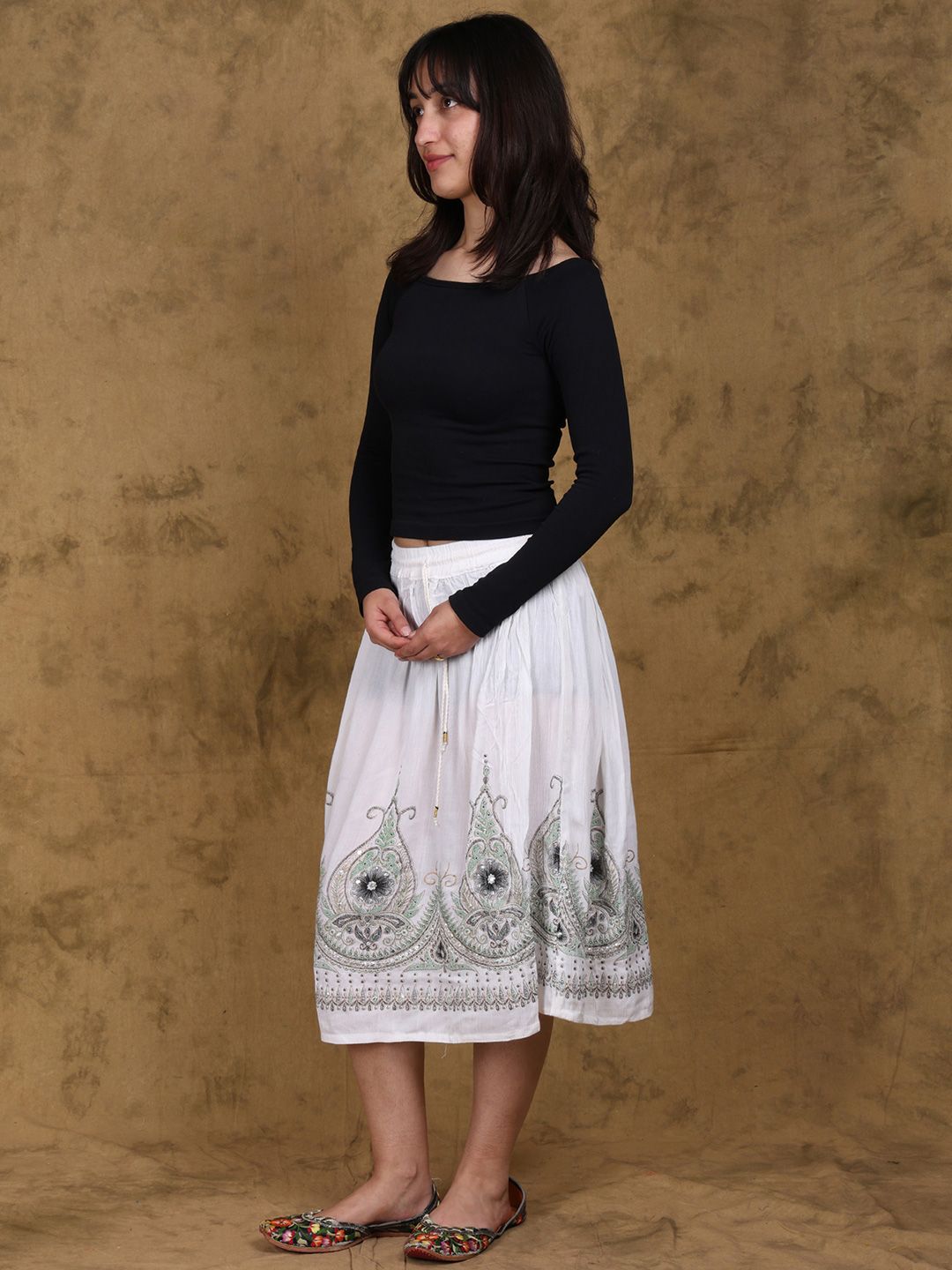Exotic India Flowers Printed Embellished With Sequins Midi Skirt