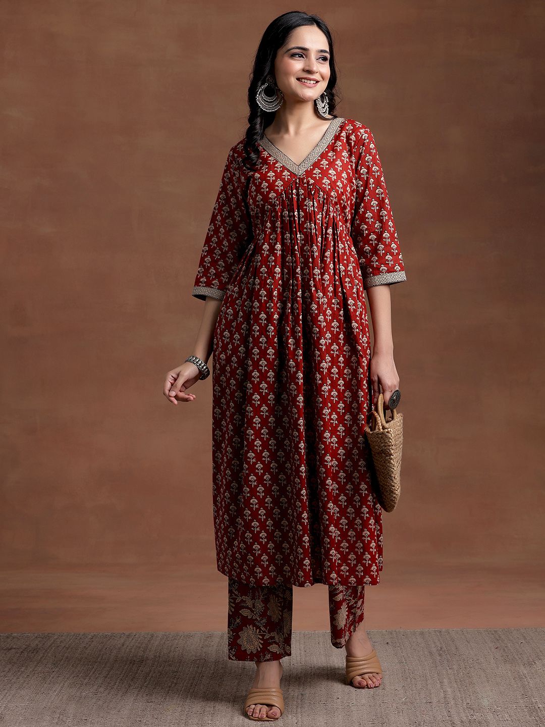 Libas V Neck Floral Printed Empire Pure Cotton A Line Kurta with Palazzo