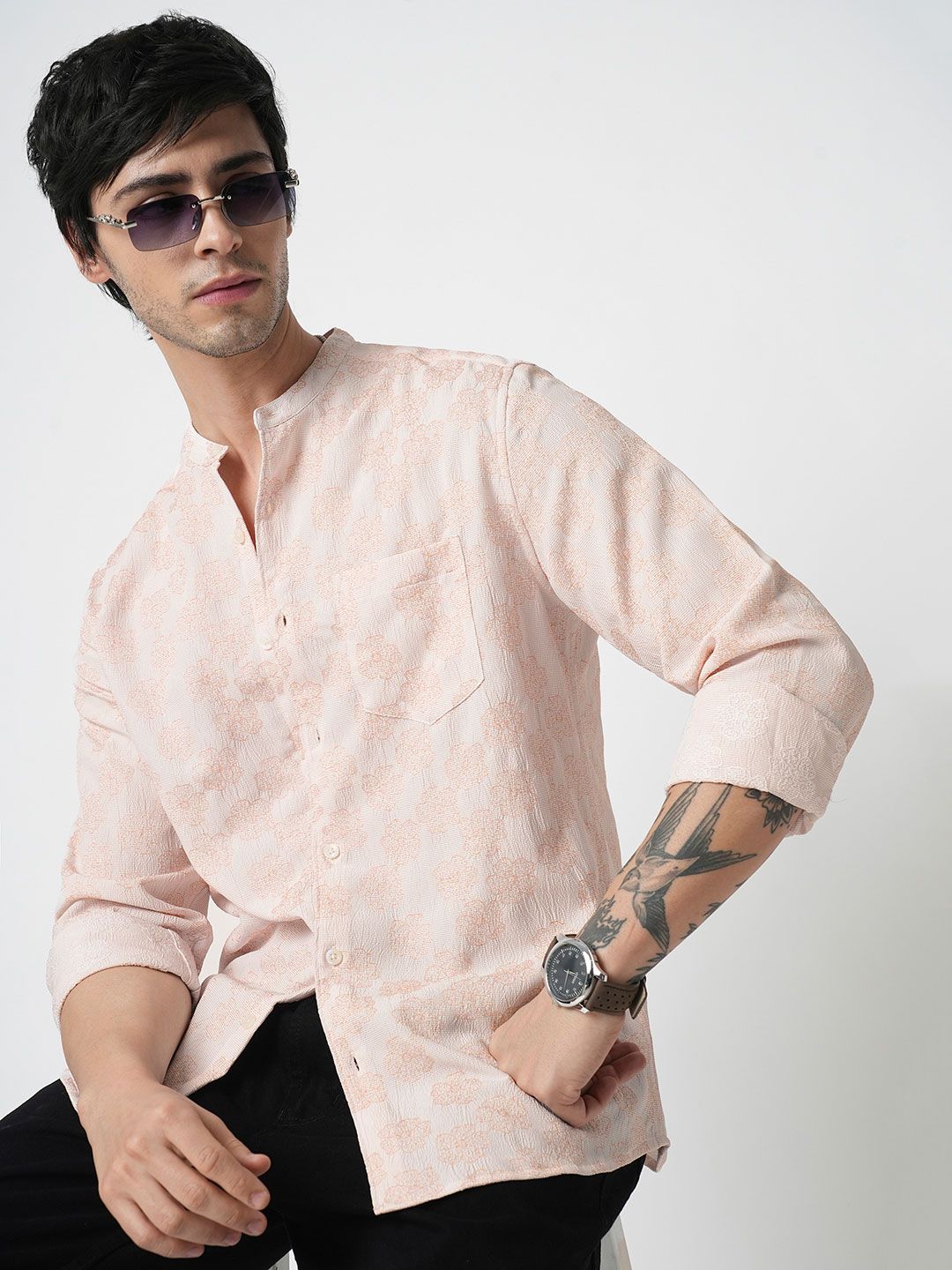 VASTRADO Men Classic Band Collar Floral Printed Slim Fit Casual Shirt