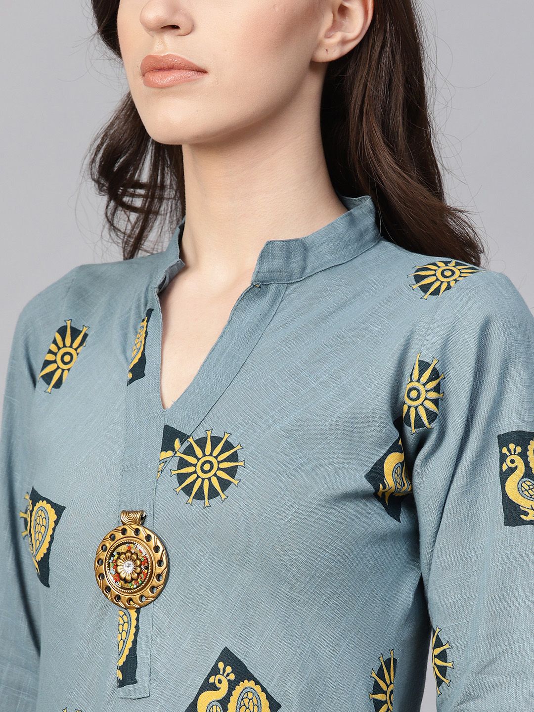 SOJANYA Kurta Bercetak A-Line Wanita Biru & Kuning