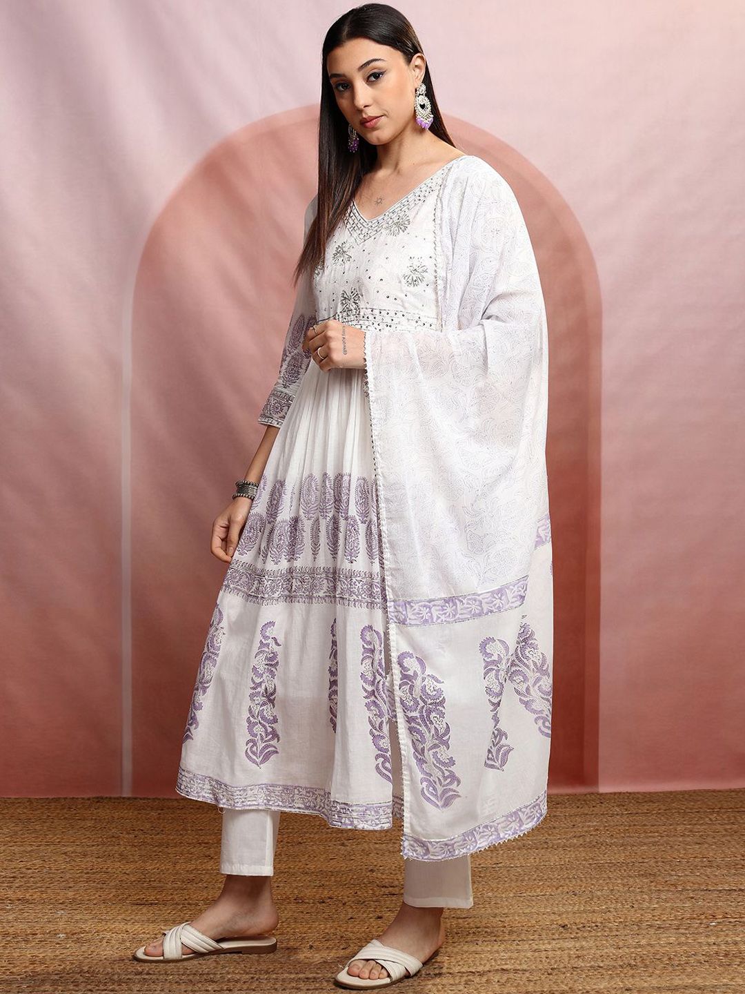 Vishudh Ethnic Motifs Embroidered Pure Cotton Anarkali Kurta & Trousers With Dupatta