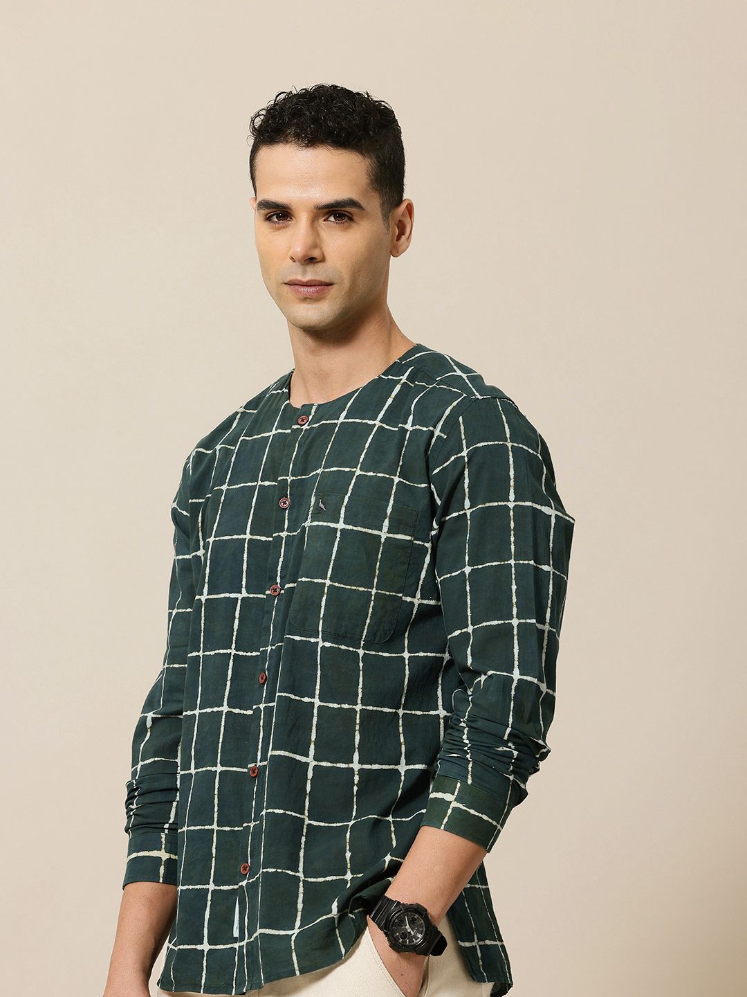 Mr Bowerbird Pure Cotton Bagru Hand Block  Windowpane Checked Liberal Fit Casual Shirt