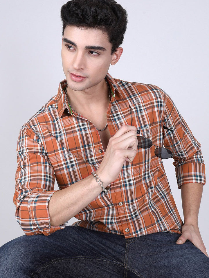 The Indian Garage Co Men Orange & Teal Blue Slim Fit Checked Casual Shirt
