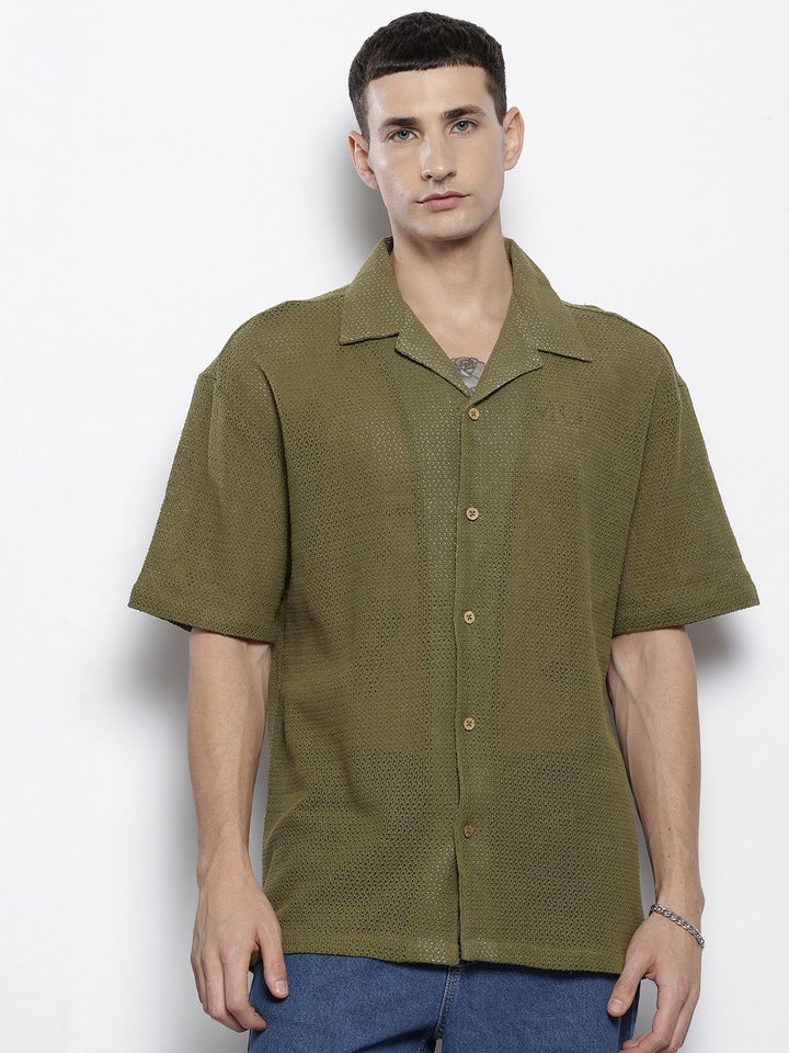 The Indian Garage Co Men Textured Open Weave Knitted Relaxed Fit Shirt