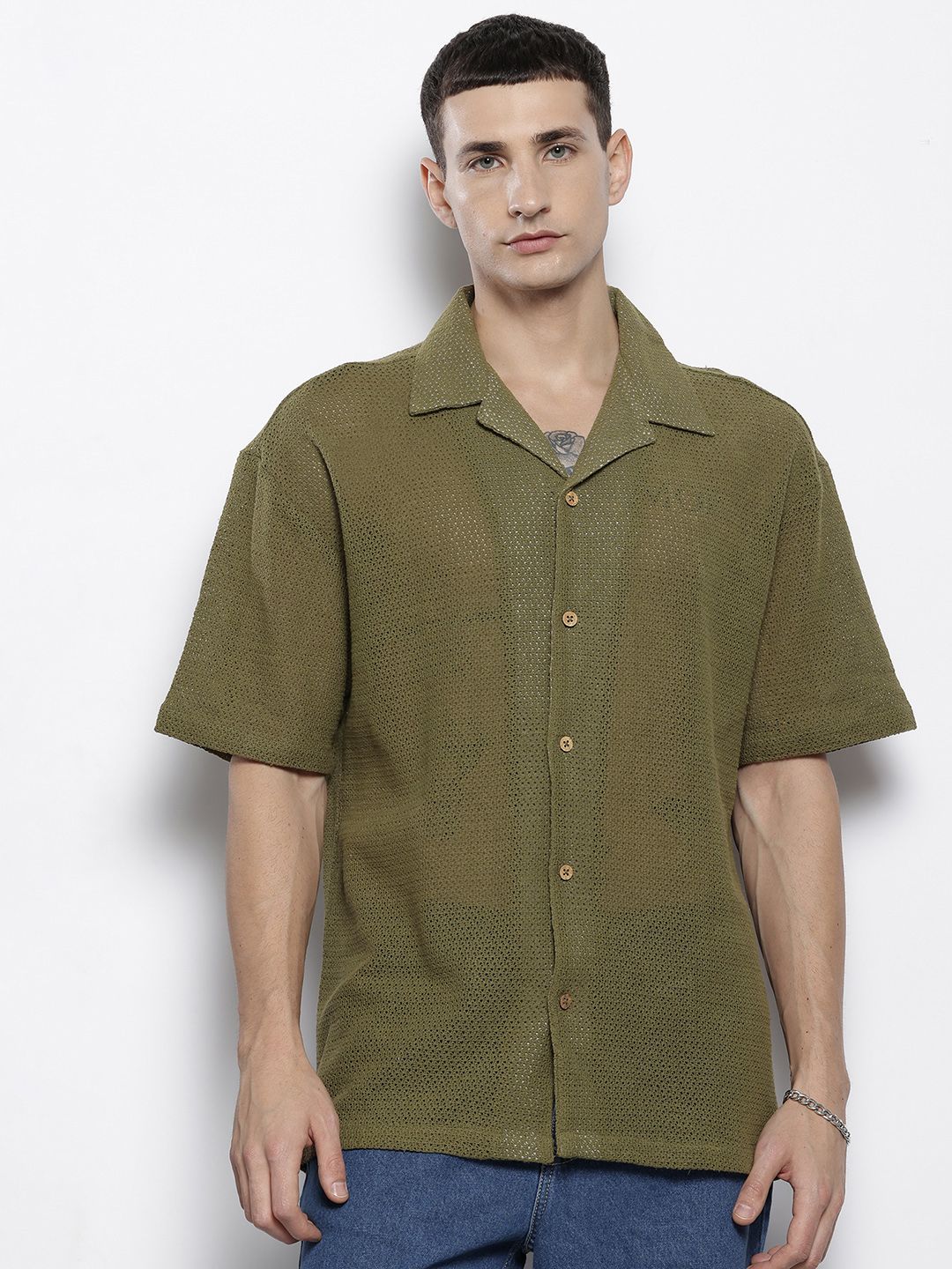 The Indian Garage Co Men Textured Open Weave Knitted Relaxed Fit Shirt