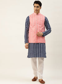 SOJANYA Men Navy Chikankari Sulam Kurta dengan Jaket Churidar & Nehru