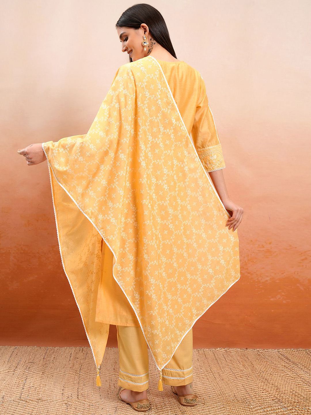 Vishudh Orange Floral Printed V-Neck Pure Cotton Straight Kurta With Trousers & Dupatta