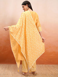 Vishudh Orange Floral Printed V-Neck Pure Cotton Straight Kurta With Trousers & Dupatta