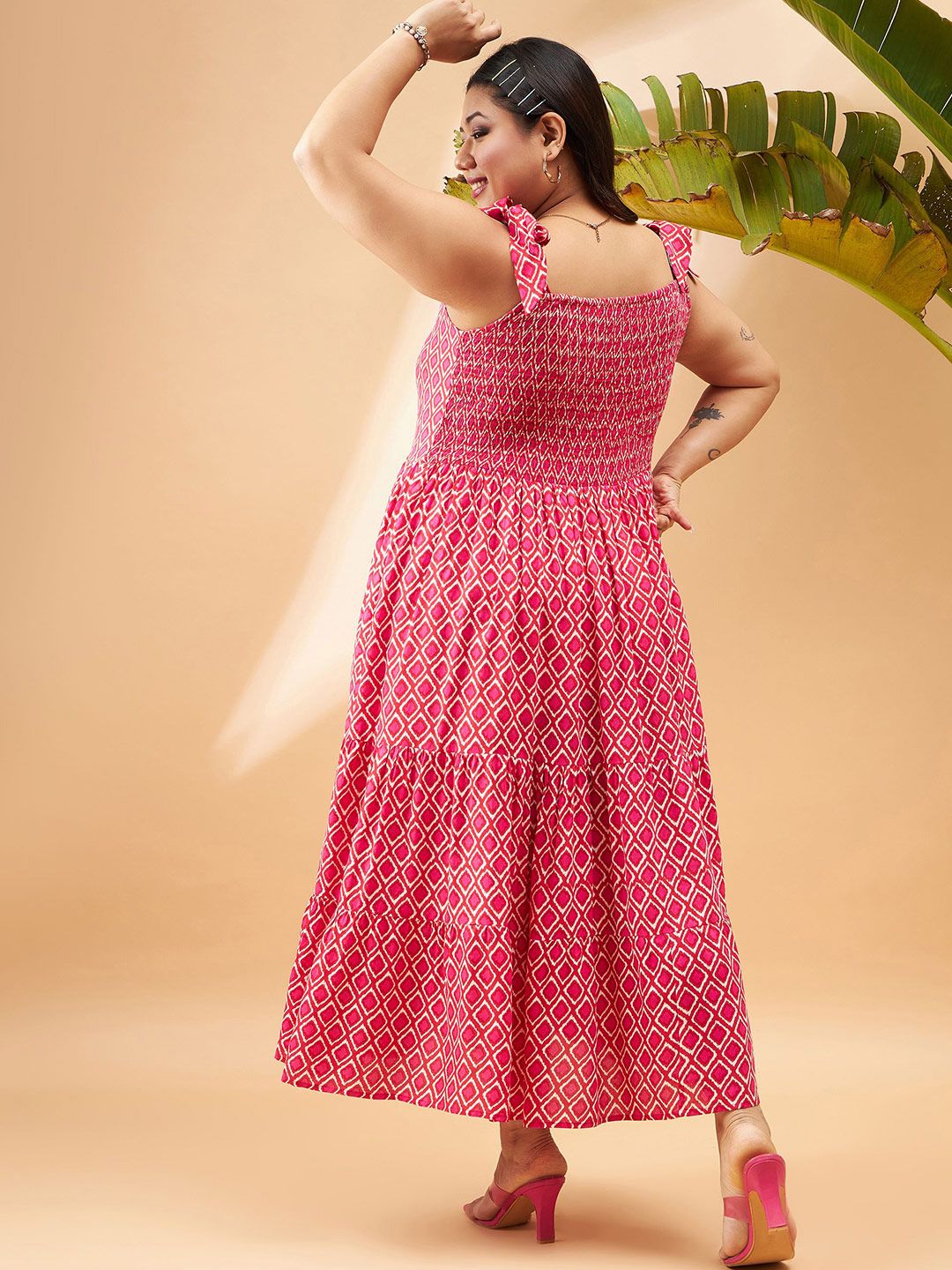 SASSAFRAS Curve Plus Size Pink Geometric Printed Gathered Tiered Fit & Flare Maxi Dress