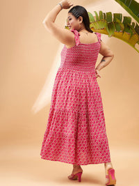 SASSAFRAS Curve Plus Size Pink Geometric Printed Gathered Tiered Fit & Flare Maxi Dress