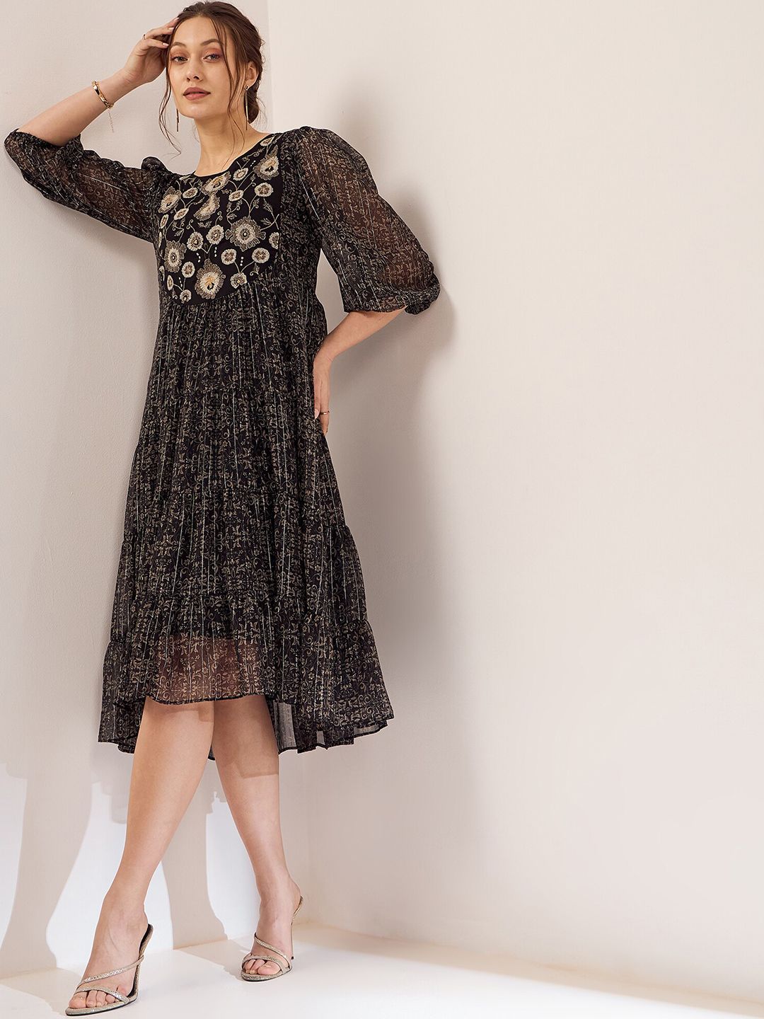Antheaa Black Floral Printed Embroidered Puff Sleeves Chiffon Fit & Flare Midi Dress
