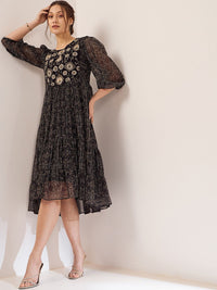Antheaa Black Floral Printed Embroidered Puff Sleeves Chiffon Fit & Flare Midi Dress