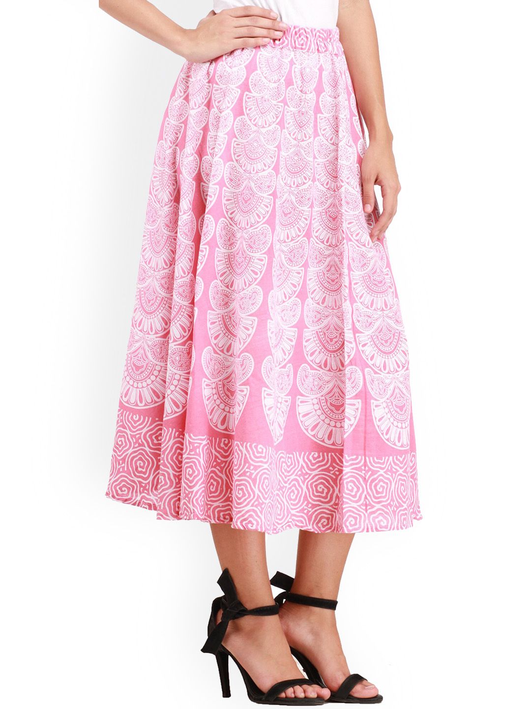 Exotic India Pure Cotton Block Printed Patterns Mauveglow Midi-Skirt