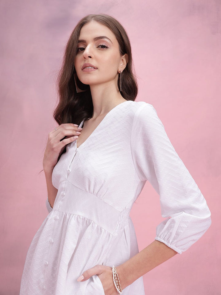 DressBerry Chevron Puff Sleeves A-Line Midi Dress
