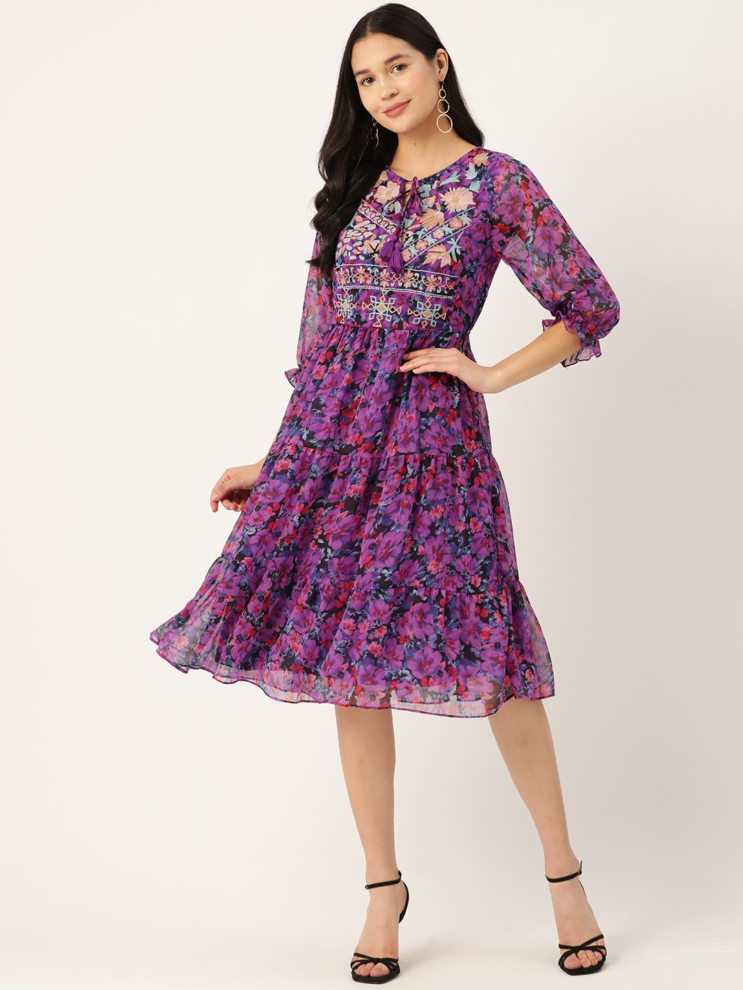 Antheaa Floral Print Tie-Up Neck Puff Sleeve Chiffon A-Line Dress