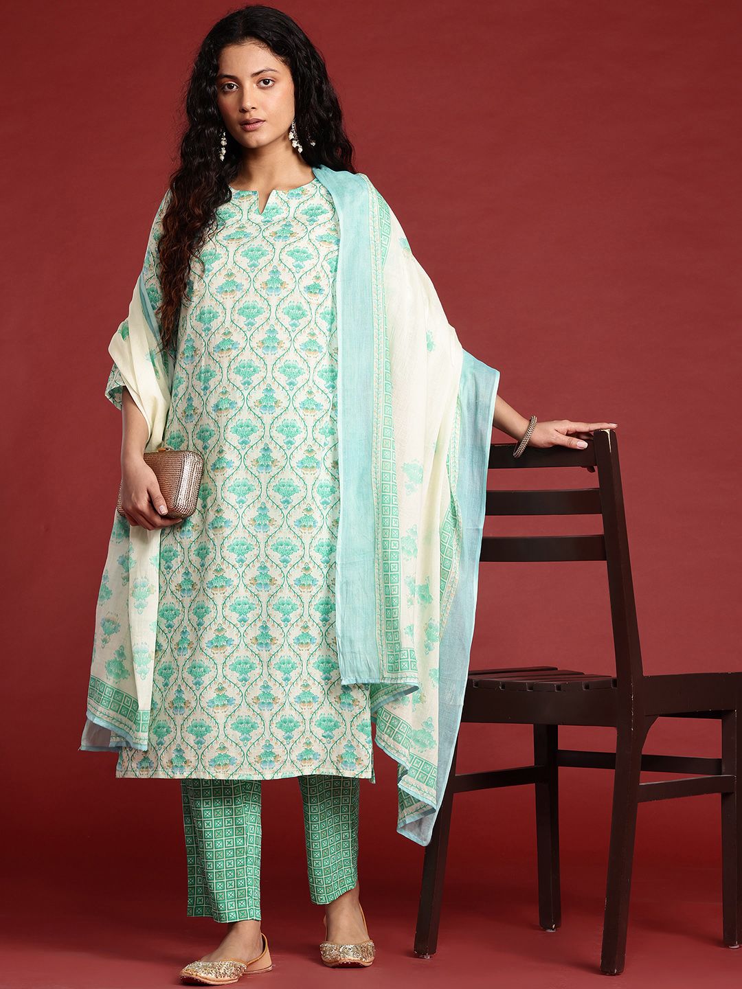 Anouk Ethnic Motifs Printed Cotton Kurta with Trousers & With Dupatta