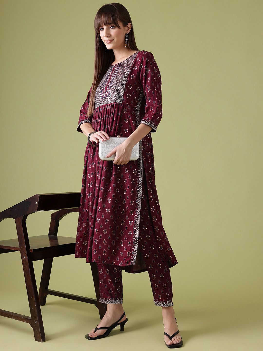 Anouk Ethnic Motifs Print Pleated Thread-Work Kurta with Trousers